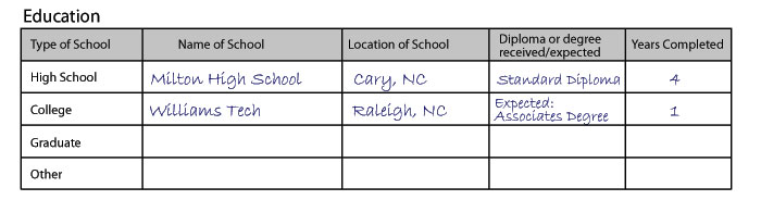 Education Form to fill out